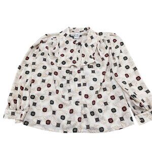 Koret Blouse Women 12 White‎ Floral Medallion Bow Silky Secretary Career VTG
